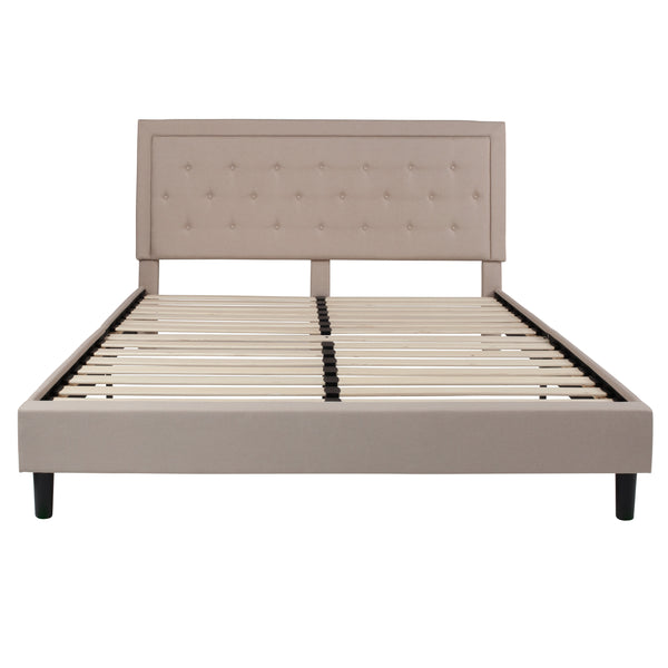 Beige,King |#| King Tufted Platform Bed in Beige Fabric with 10 Inch Pocket Spring Mattress