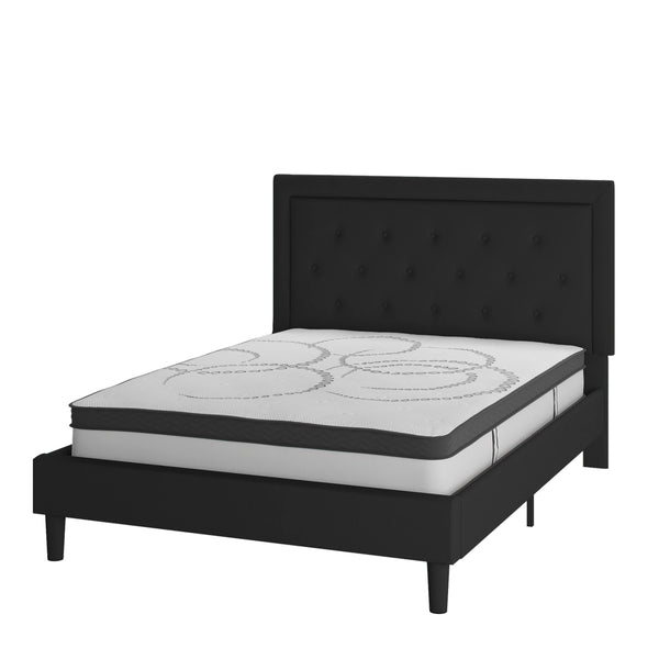 Black,Queen |#| Queen Tufted Platform Bed in Black Fabric with 10 Inch Pocket Spring Mattress