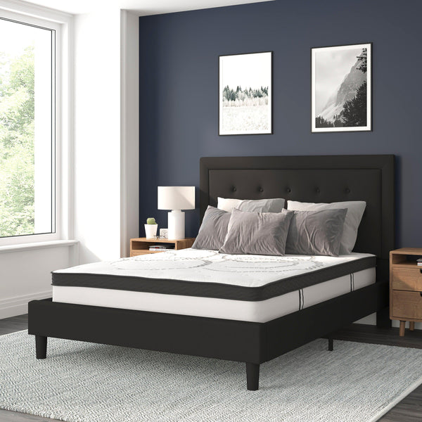 Black,Queen |#| Queen Tufted Platform Bed in Black Fabric with 10 Inch Pocket Spring Mattress