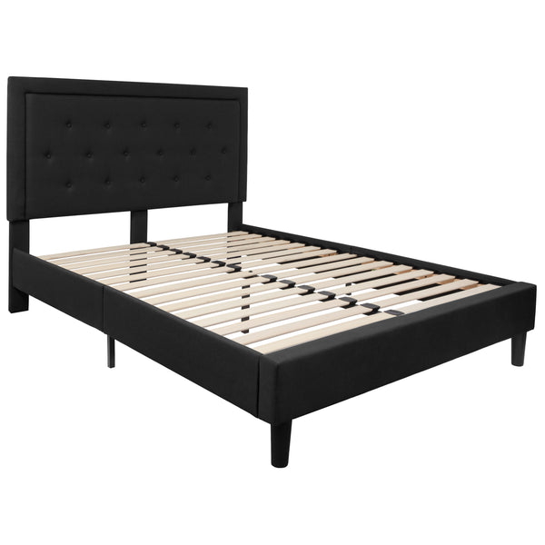 Black,Queen |#| Queen Tufted Platform Bed in Black Fabric with 10 Inch Pocket Spring Mattress