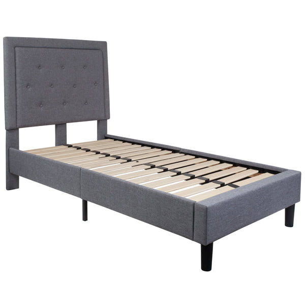 Light Gray,Twin |#| Twin Tufted Platform Bed in Light Gray Fabric with 10in. Pocket Spring Mattress