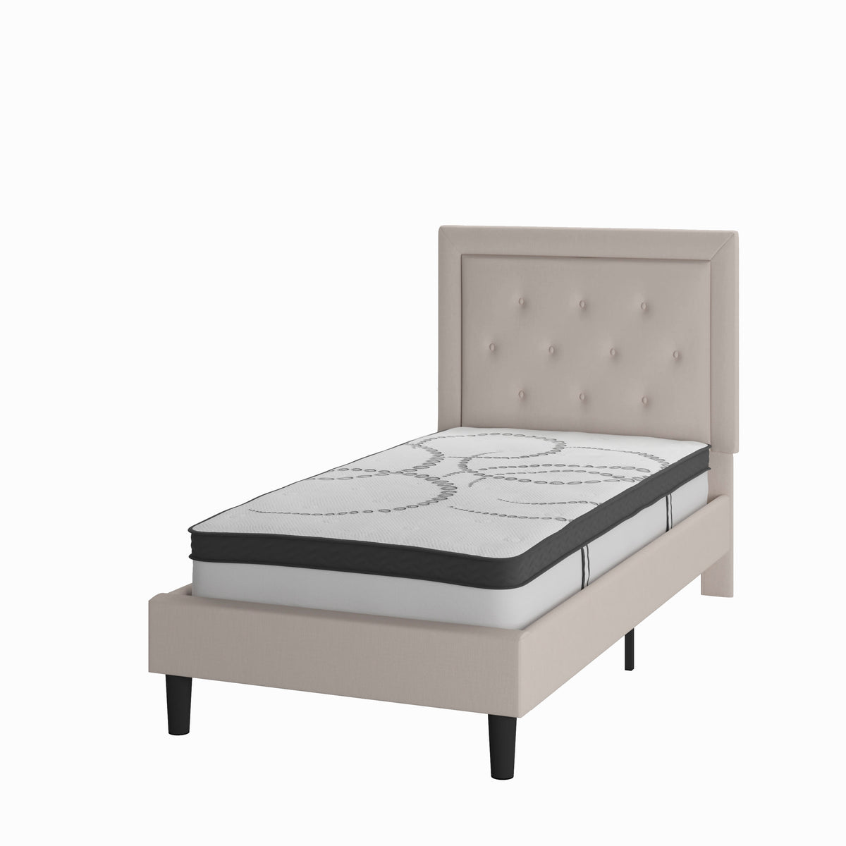 Beige,Twin |#| Twin Tufted Platform Bed in Beige Fabric with 10 Inch Pocket Spring Mattress