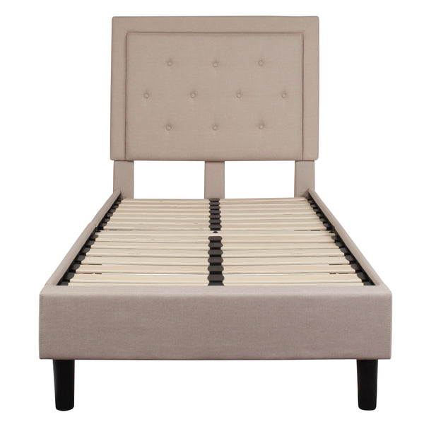 Beige,Twin |#| Twin Tufted Platform Bed in Beige Fabric with 10 Inch Pocket Spring Mattress