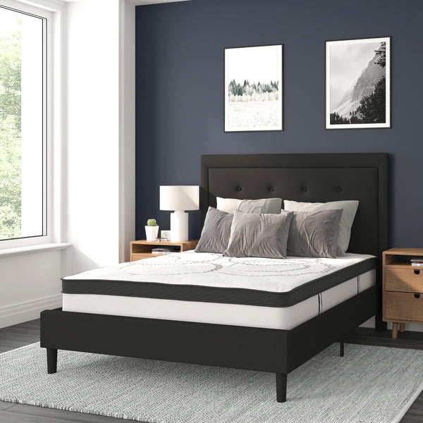 Black,Full |#| Full Tufted Platform Bed in Black Fabric with 10 Inch Pocket Spring Mattress