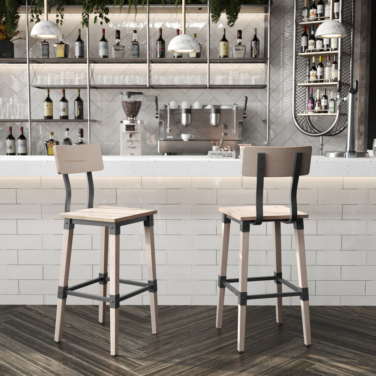Antique White |#| Commercial Grade Rustic Industrial Style Wood Dining Barstool in Antique White