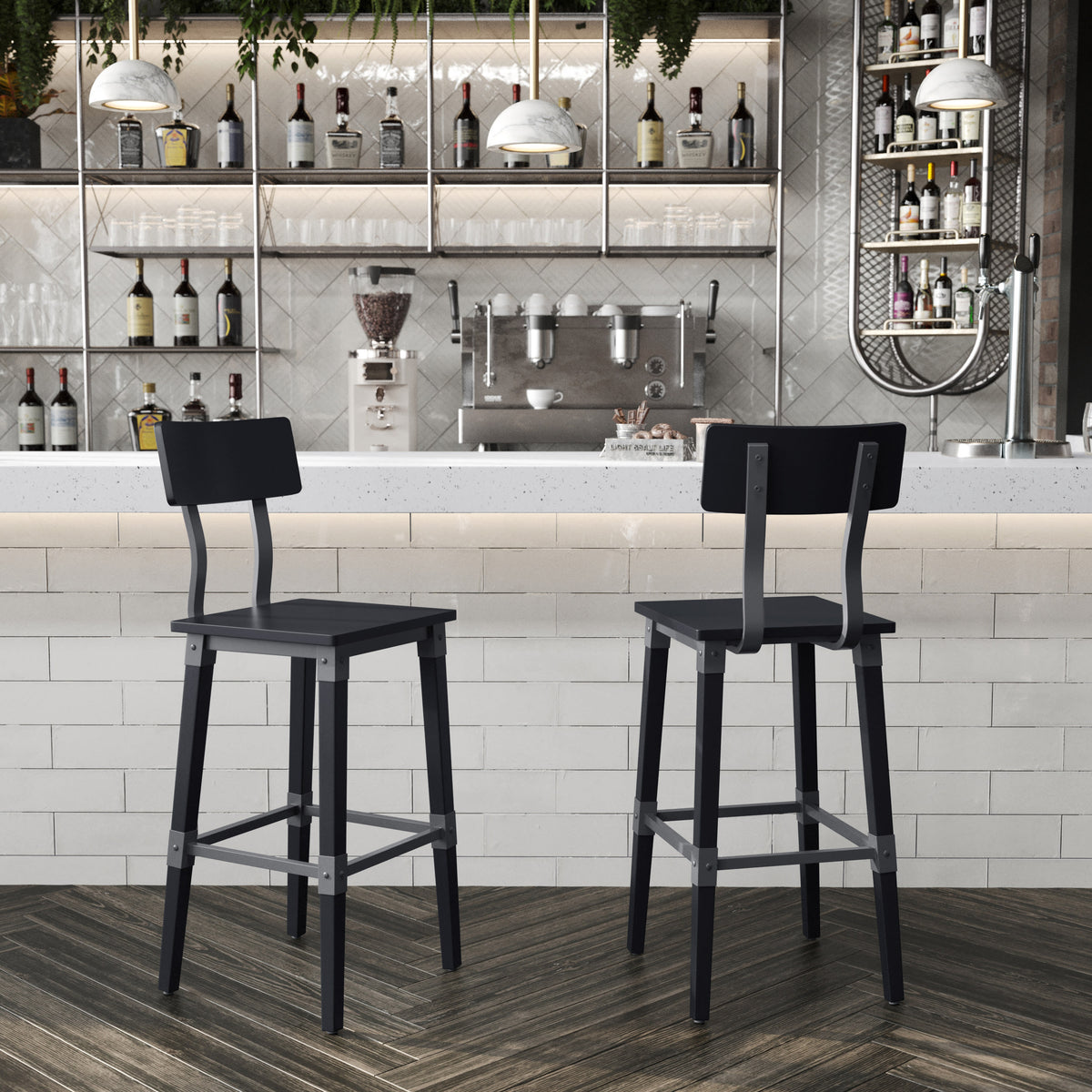 Black |#| Commercial Grade Rustic Industrial Style Wood Dining Barstool in Black