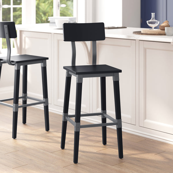 Black |#| Commercial Grade Rustic Industrial Style Wood Dining Barstool in Black