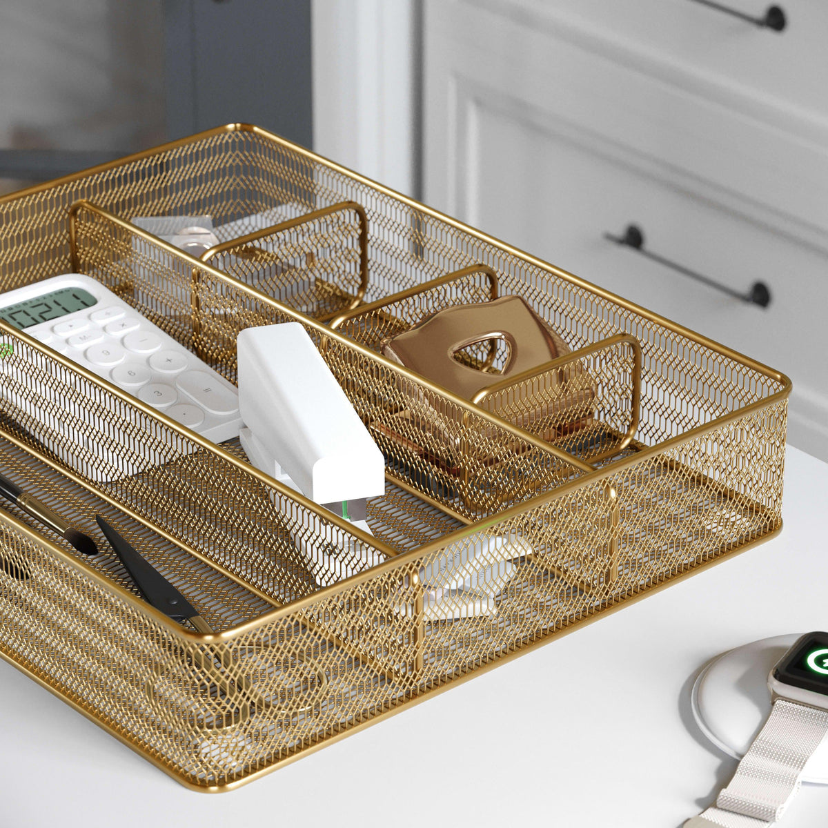 Premium 6 Section Mesh Metal Large Desk Drawer Storage Organizer in Gold