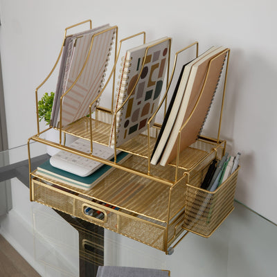 Ryder Mesh Metal Large Desktop Organizer With Paper File Letter Holder Organizer and Drawer - View 2