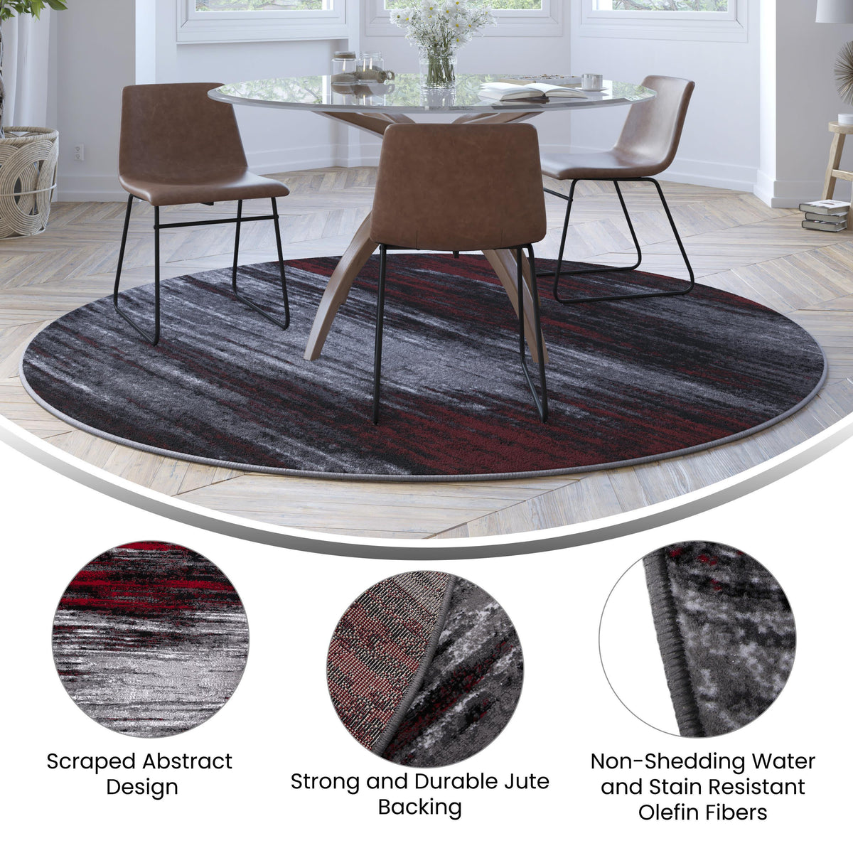 Lava,7' Round |#| Abstract Style Accent Area Rug - Scraped Pattern - Red & Gray - 7' x 7' Round