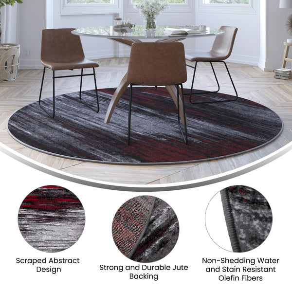 Lava,7' Round |#| Abstract Style Accent Area Rug - Scraped Pattern - Red & Gray - 7' x 7' Round