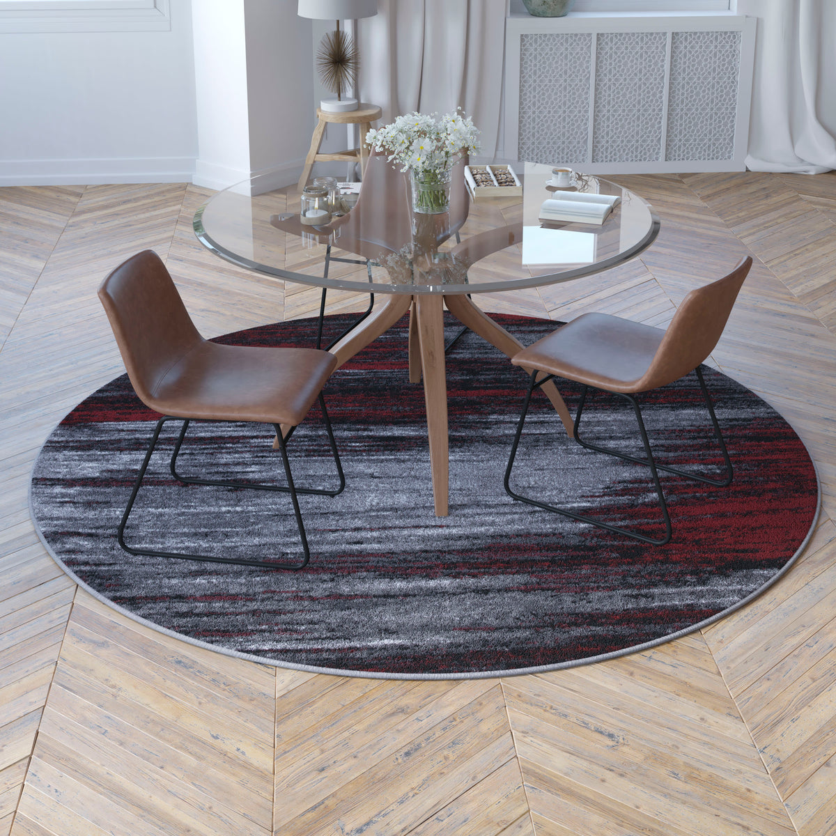 Lava,7' Round |#| Abstract Style Accent Area Rug - Scraped Pattern - Red & Gray - 7' x 7' Round