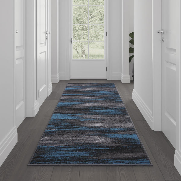 Blue,2' x 10' |#| Abstract Style Accent Area Rug - Blue & Gray Scraped Pattern - 2' x 10'