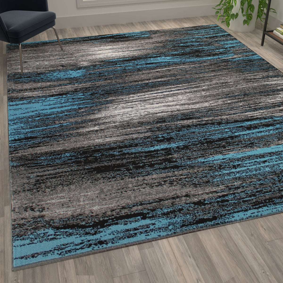 Blue,8' x 10' |#| Abstract Style Accent Area Rug - Blue & Gray Scraped Pattern - 8' x 10'