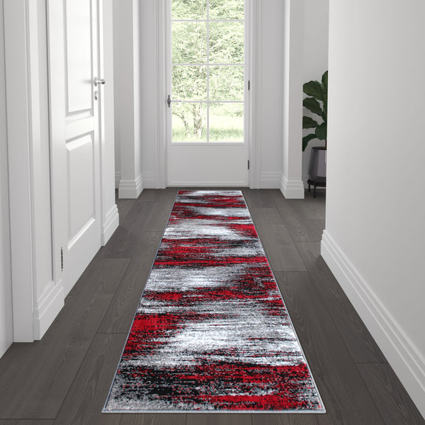 Red,2' x 7' |#| Abstract Style Accent Area Rug - Orange & Gray Scraped Pattern - 2' x 7'