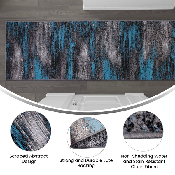 Blue,2' x 10' |#| Abstract Style Accent Area Rug - Blue & Gray Scraped Pattern - 2' x 10'