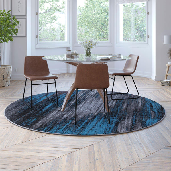 Blue,7' Round |#| Abstract Style Accent Area Rug - Scraped Pattern - Blue & Gray - 7' x 7' Round