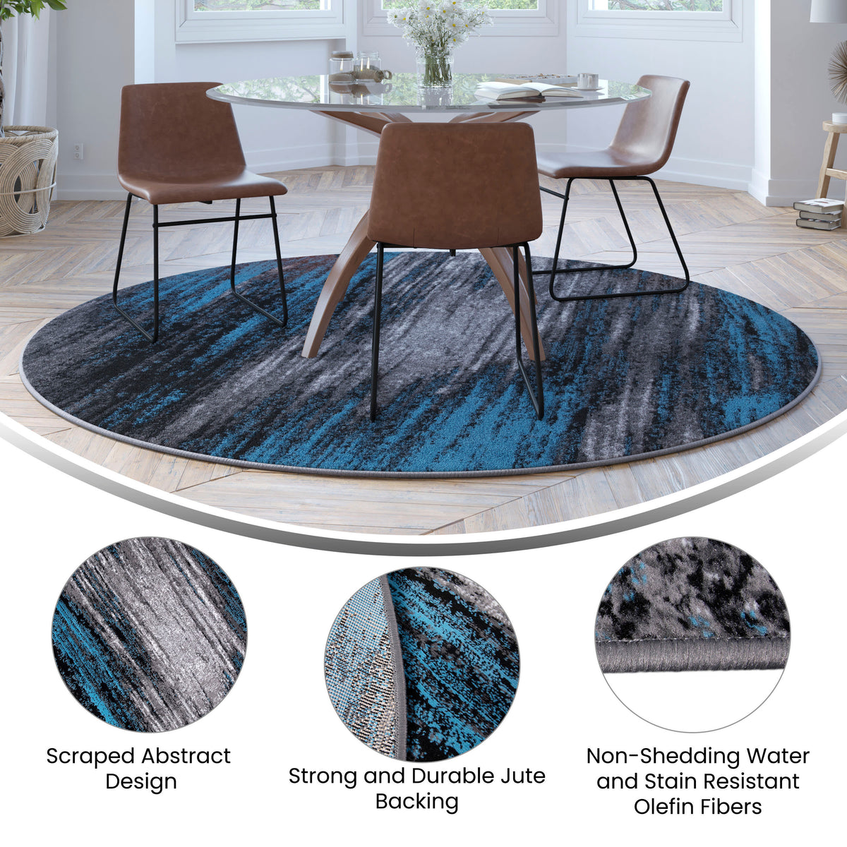 Blue,7' Round |#| Abstract Style Accent Area Rug - Scraped Pattern - Blue & Gray - 7' x 7' Round