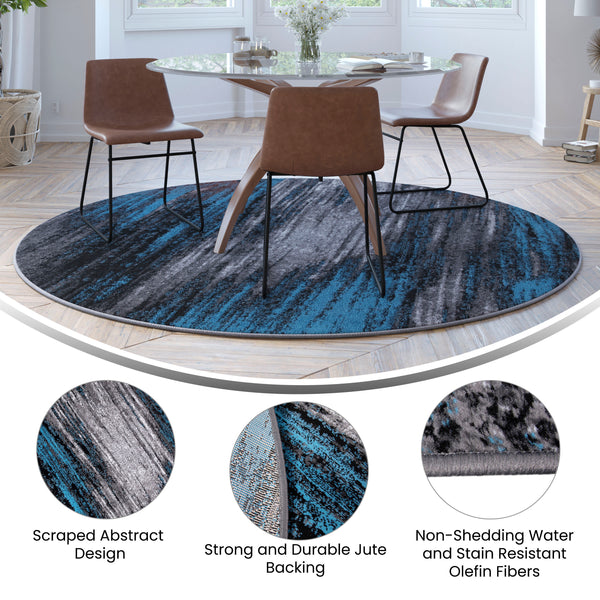 Blue,7' Round |#| Abstract Style Accent Area Rug - Scraped Pattern - Blue & Gray - 7' x 7' Round