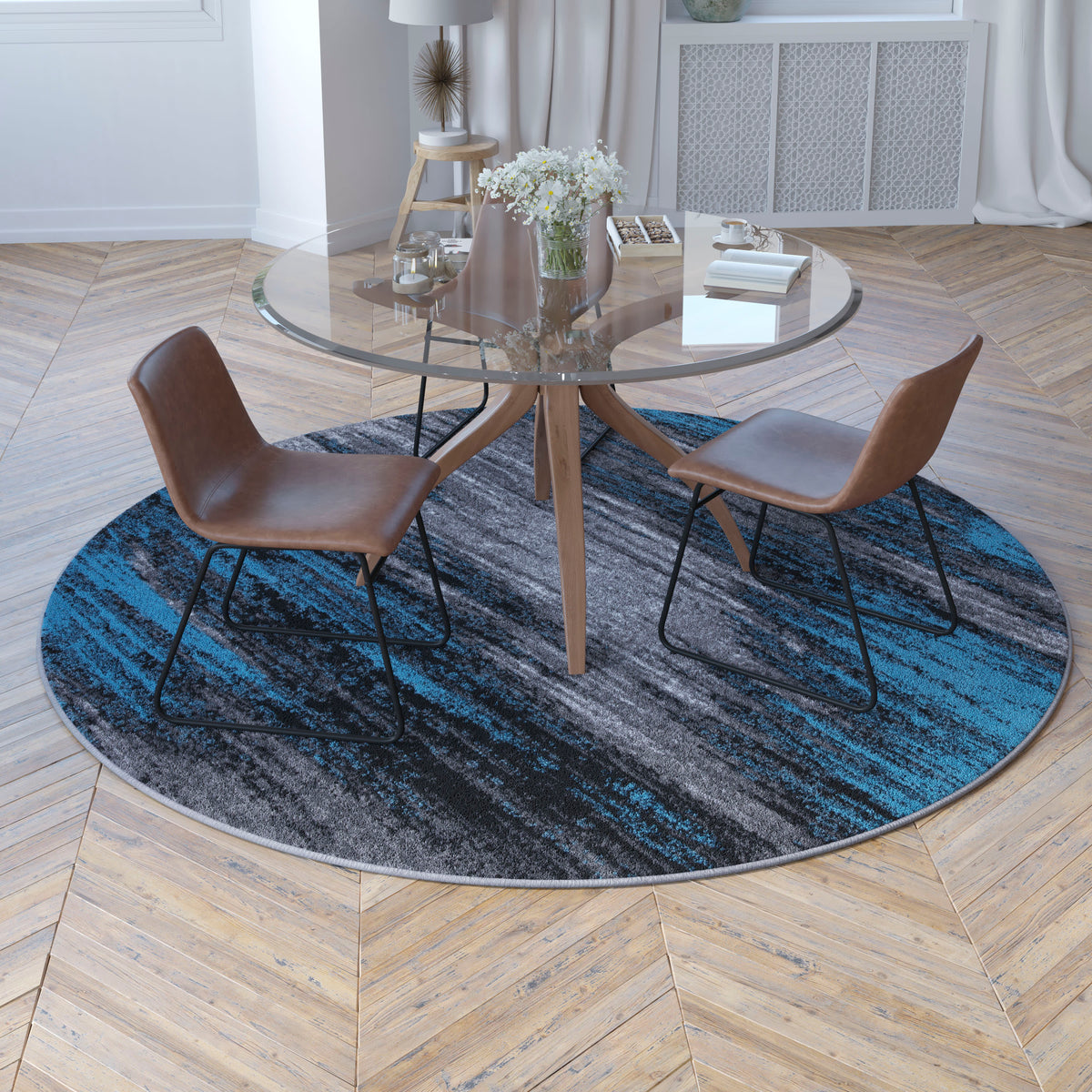 Blue,7' Round |#| Abstract Style Accent Area Rug - Scraped Pattern - Blue & Gray - 7' x 7' Round