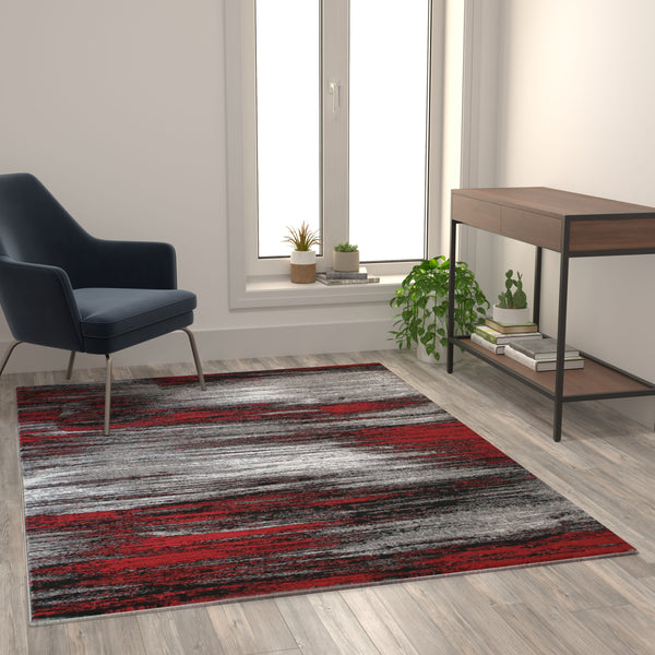 Red,5' x 7' |#| Abstract Style Accent Area Rug - Red & Gray Scraped Pattern - 5' x 7'