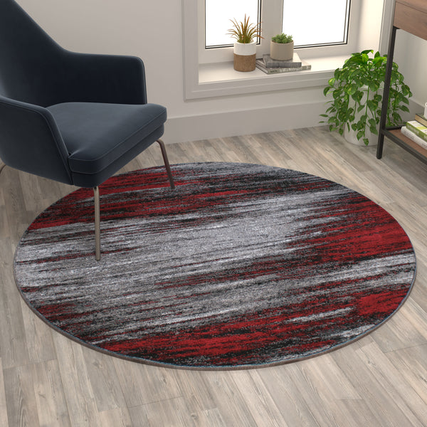 Red,5' Round |#| Abstract Style Accent Area Rug - Scraped Pattern - Red & Gray - 5' x 5' Round