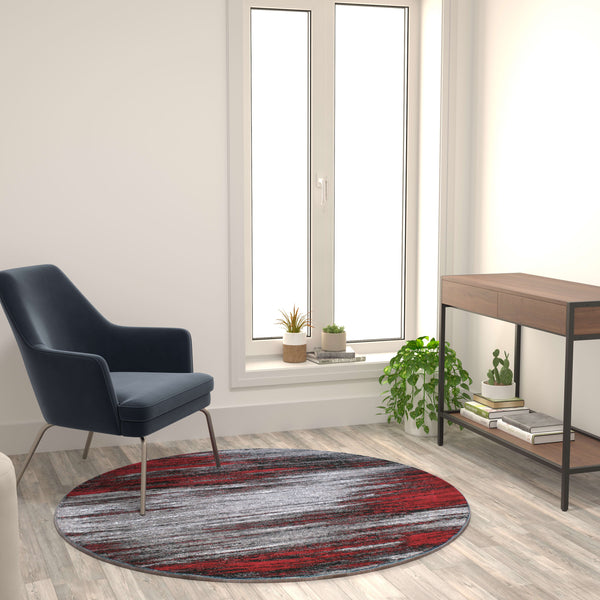 Red,5' Round |#| Abstract Style Accent Area Rug - Scraped Pattern - Red & Gray - 5' x 5' Round
