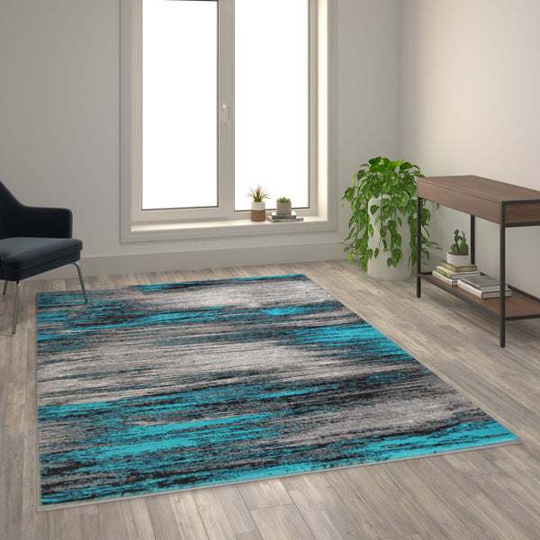 Turquoise,6' x 9' |#| Abstract Style Accent Area Rug - Turquoise & Gray Scraped Pattern - 6' x 9'