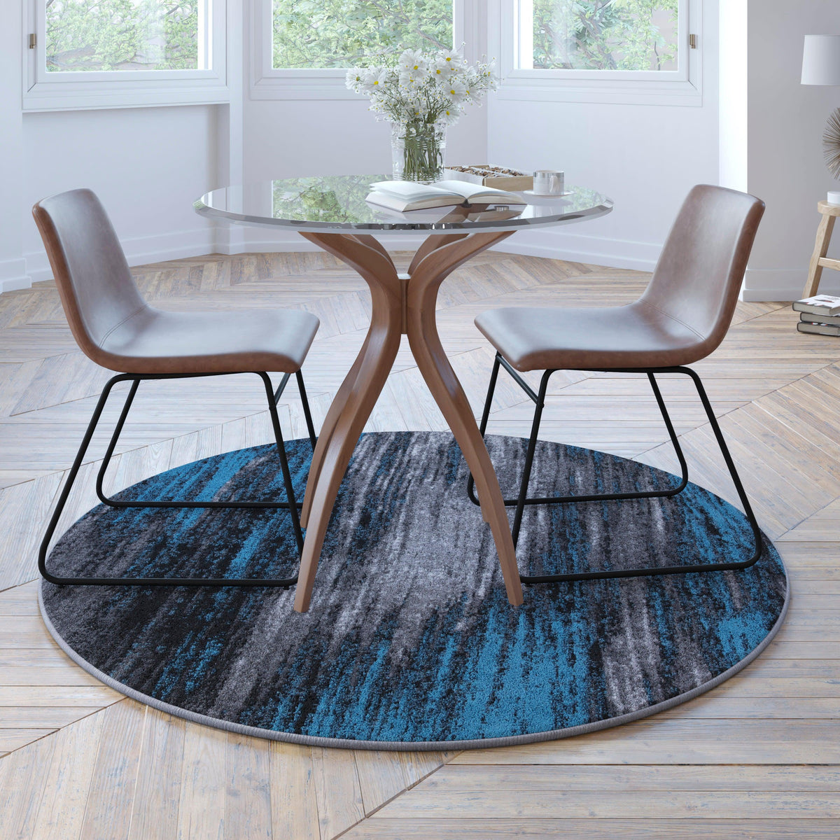 Blue,5' Round |#| Abstract Style Accent Area Rug - Scraped Pattern - Blue & Gray - 5' x 5' Round