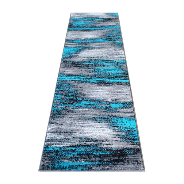 Turquoise,2' x 7' |#| Abstract Style Accent Area Rug - Turquoise & Gray Scraped Pattern - 2' x 7'