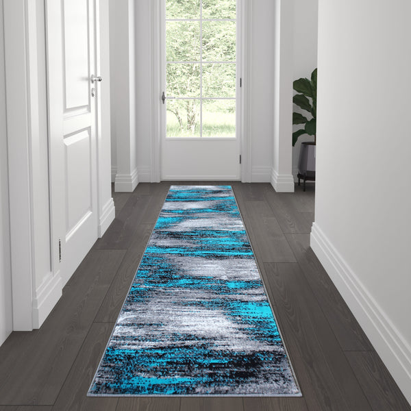 Turquoise,2' x 7' |#| Abstract Style Accent Area Rug - Turquoise & Gray Scraped Pattern - 2' x 7'