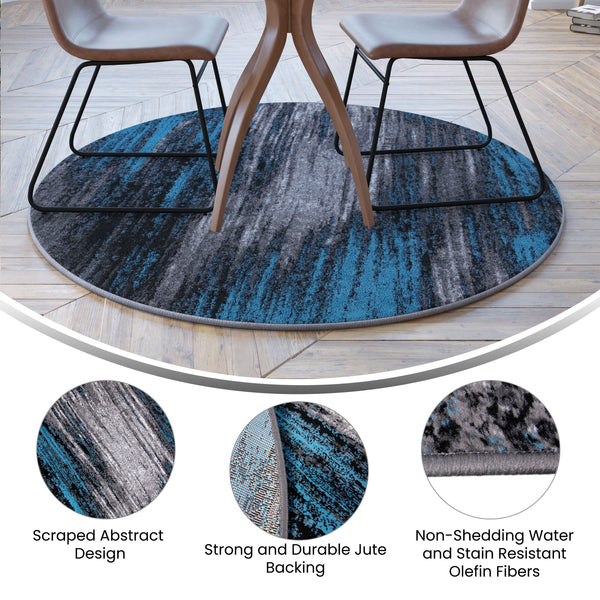 Blue,5' Round |#| Abstract Style Accent Area Rug - Scraped Pattern - Blue & Gray - 5' x 5' Round