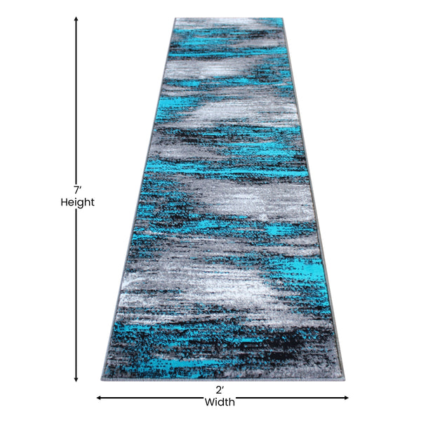 Turquoise,2' x 7' |#| Abstract Style Accent Area Rug - Turquoise & Gray Scraped Pattern - 2' x 7'