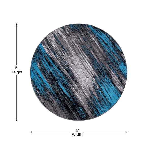 Blue,5' Round |#| Abstract Style Accent Area Rug - Scraped Pattern - Blue & Gray - 5' x 5' Round
