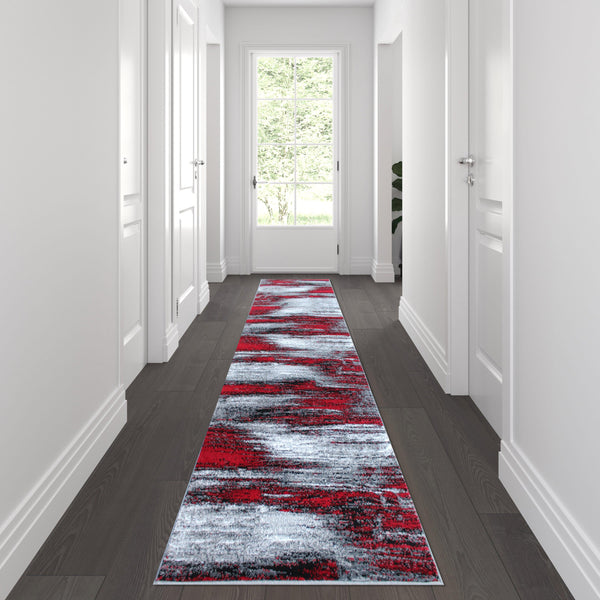 Red,2' x 10' |#| Abstract Style Accent Area Rug - Red & Gray Scraped Pattern - 2' x 10'