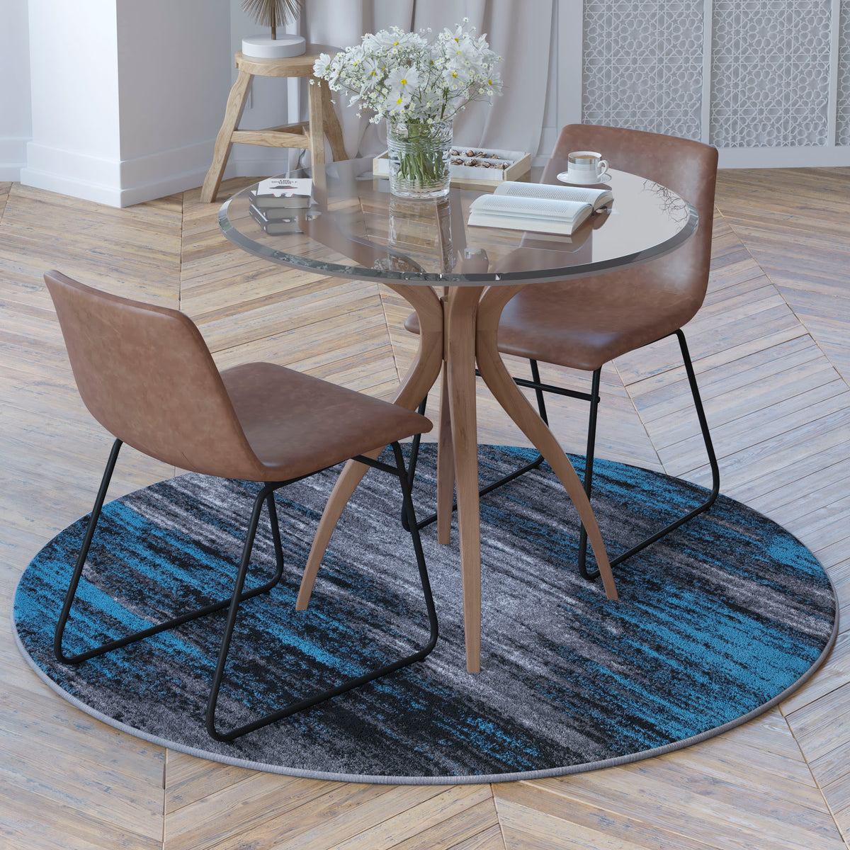 Blue,5' Round |#| Abstract Style Accent Area Rug - Scraped Pattern - Blue & Gray - 5' x 5' Round