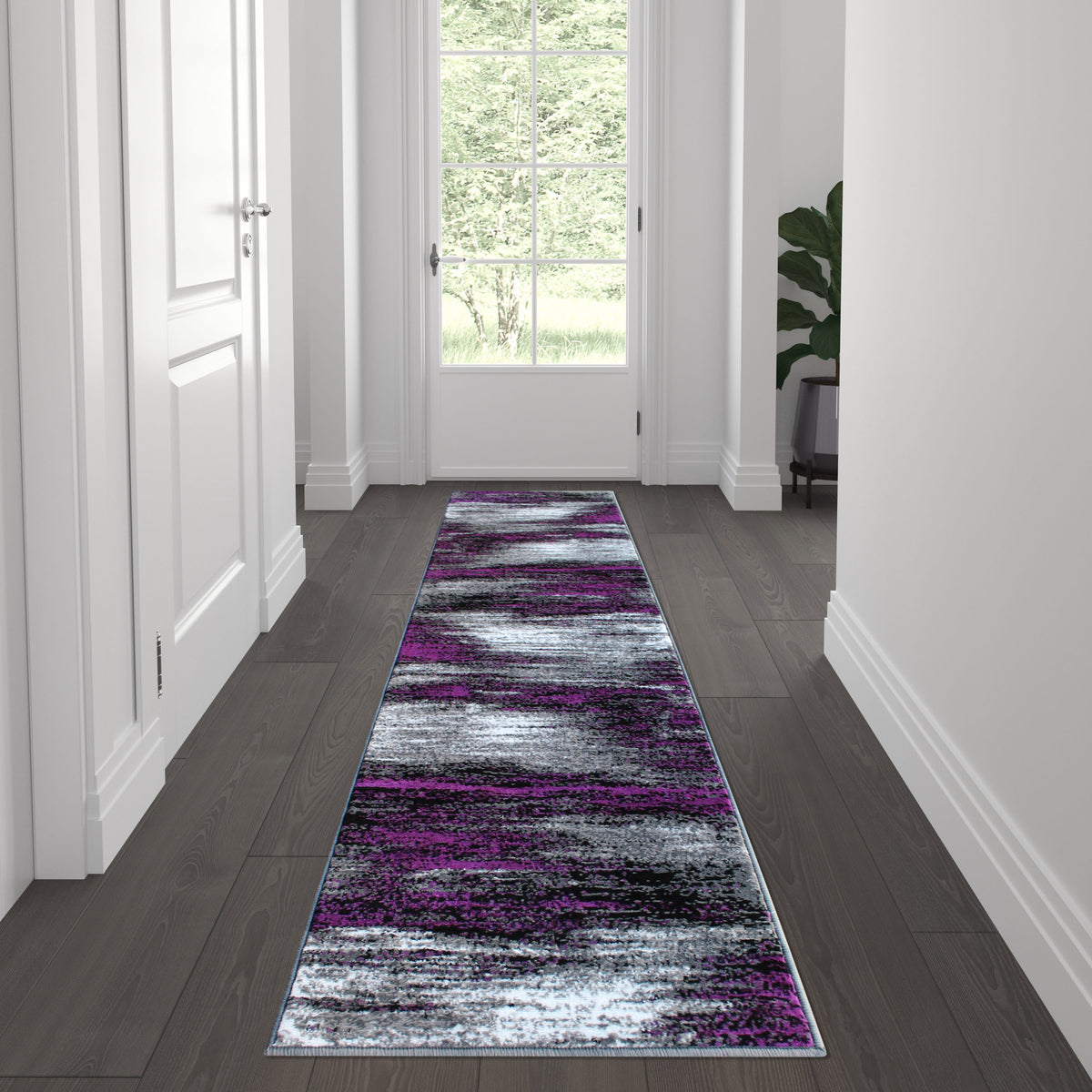 Purple,2' x 7' |#| Abstract Style Accent Area Rug - Purple & Gray Scraped Pattern - 2' x 7'