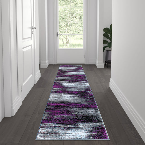 Purple,2' x 7' |#| Abstract Style Accent Area Rug - Purple & Gray Scraped Pattern - 2' x 7'
