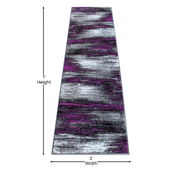 Purple,2' x 7' |#| Abstract Style Accent Area Rug - Purple & Gray Scraped Pattern - 2' x 7'