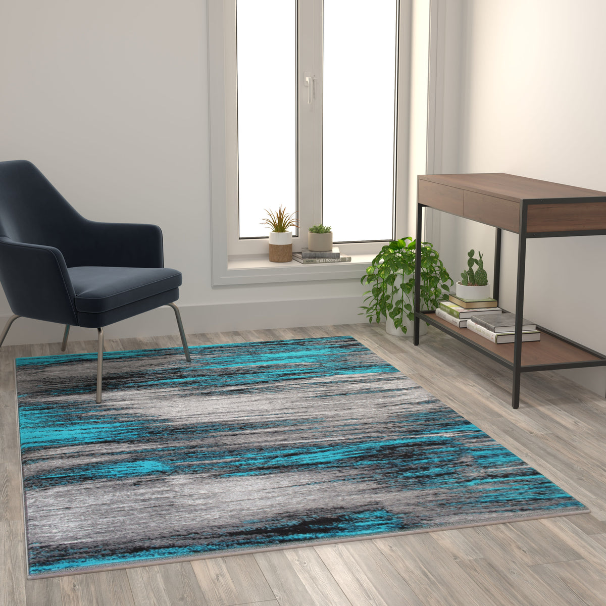 Turquoise,5' x 7' |#| Abstract Style Accent Area Rug - Turquoise & Gray Scraped Pattern - 5' x 7'
