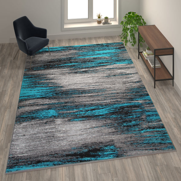 Turquoise,8' x 10' |#| Abstract Style Accent Area Rug - Turquoise & Gray Scraped Pattern - 8' x 10'