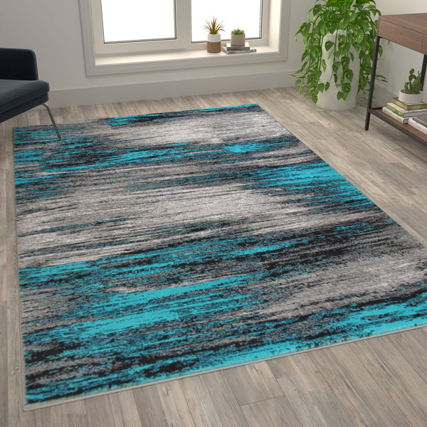 Turquoise,8' x 10' |#| Abstract Style Accent Area Rug - Turquoise & Gray Scraped Pattern - 8' x 10'