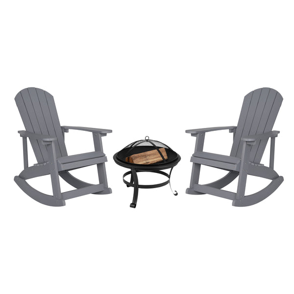 Gray |#| Set of 2 Poly Resin Adirondack Rocking Chairs in Gray & 22inch Round Fire Pit