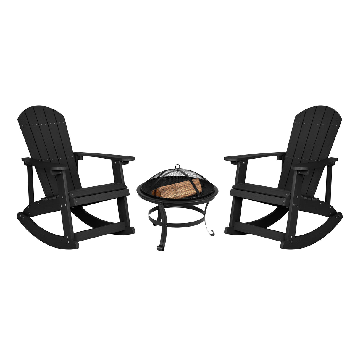 Black |#| Set of 2 Poly Resin Adirondack Rocking Chairs in Black & 22inch Round Fire Pit