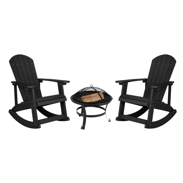 Black |#| Set of 2 Poly Resin Adirondack Rocking Chairs in Black & 22inch Round Fire Pit