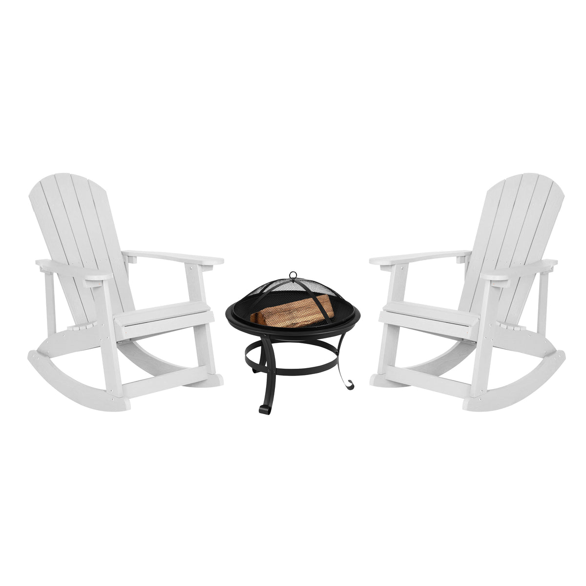 White |#| Set of 2 Poly Resin Adirondack Rocking Chairs in White & 22inch Round Fire Pit