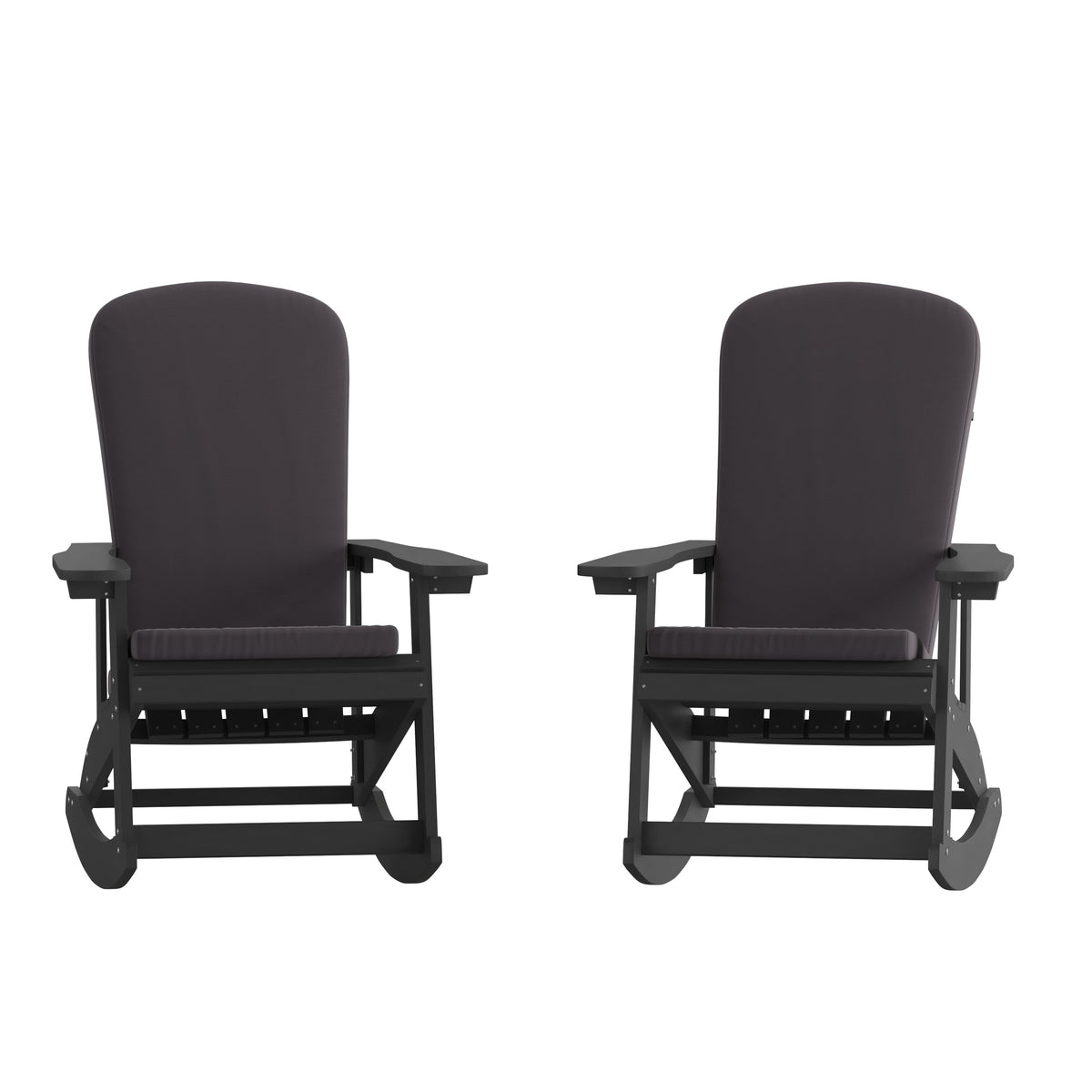 Black/Gray |#| Indoor/Outdoor Black Rocking Adirondack Chairs with Gray Cushions - Set of 2