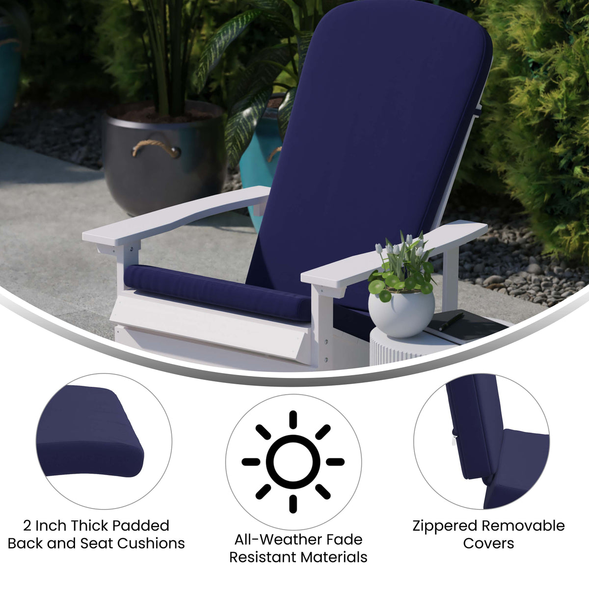 White/Blue |#| Indoor/Outdoor White Rocking Adirondack Chairs with Blue Cushions - Set of 2