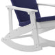 White/Blue |#| Indoor/Outdoor White Rocking Adirondack Chairs with Blue Cushions - Set of 2