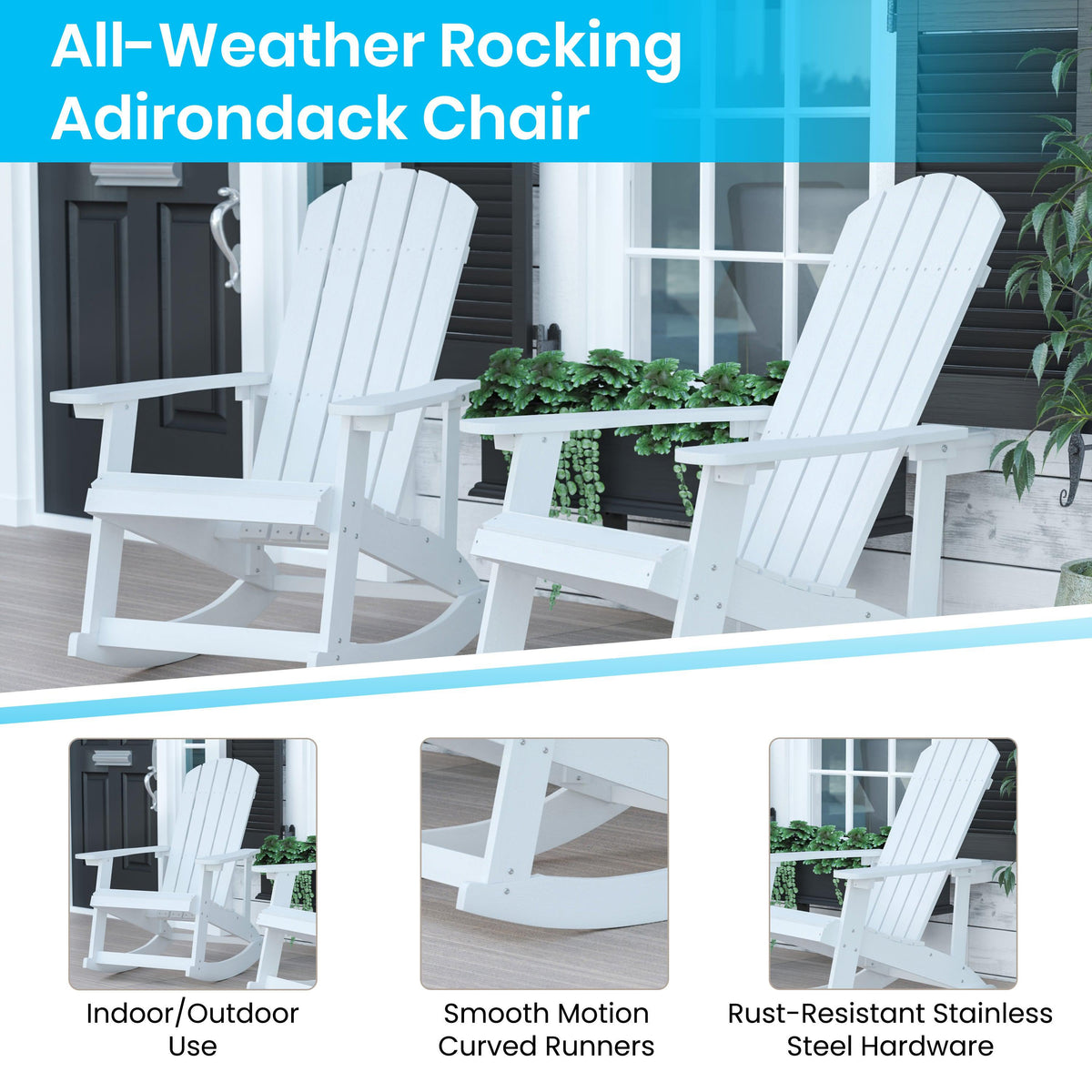 White/Gray |#| Indoor/Outdoor White Rocking Adirondack Chairs with Gray Cushions - Set of 2